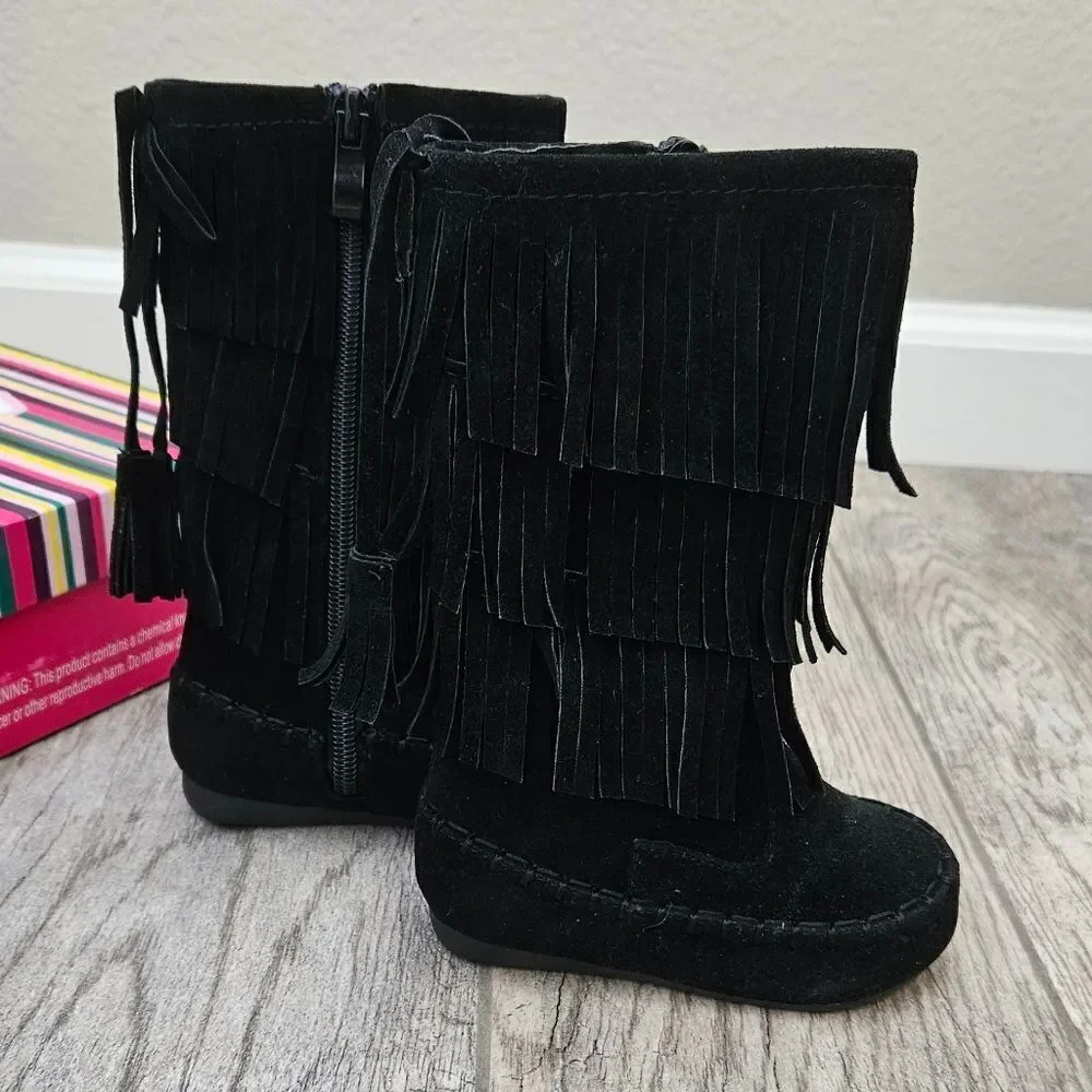 Link Candice 16KA Black Faux Suede Fringe Mid Calf Boots Size 5T